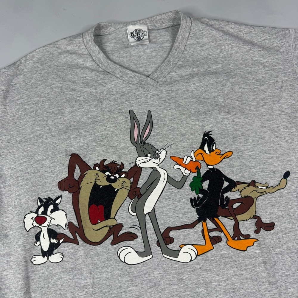 Vintage Acme Clothing Looney‎ Tunes T-Shirt Mens One Size Gray 1991 V-Neck USA